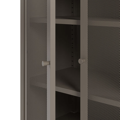 Close-up of a gray metal storage cabinet with perforated mesh doors, white knobs, and adjustable shelves.