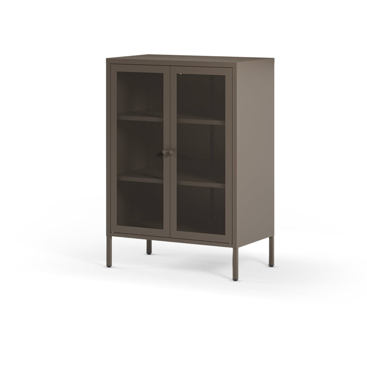 A tall, modern storage cabinet with a matte taupe-brown finish, featuring two glass doors with dark metal handles and four slim legs, shown on a plain white background.
