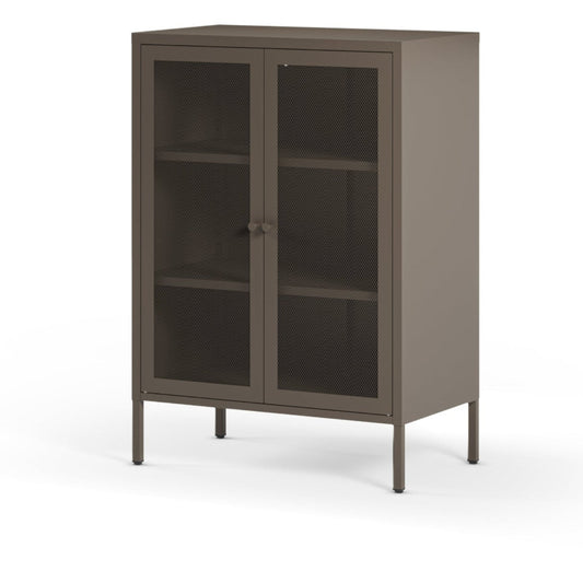 A tall, modern storage cabinet with a matte taupe-brown finish, featuring two glass doors with dark metal handles and four slim legs, shown on a plain white background.