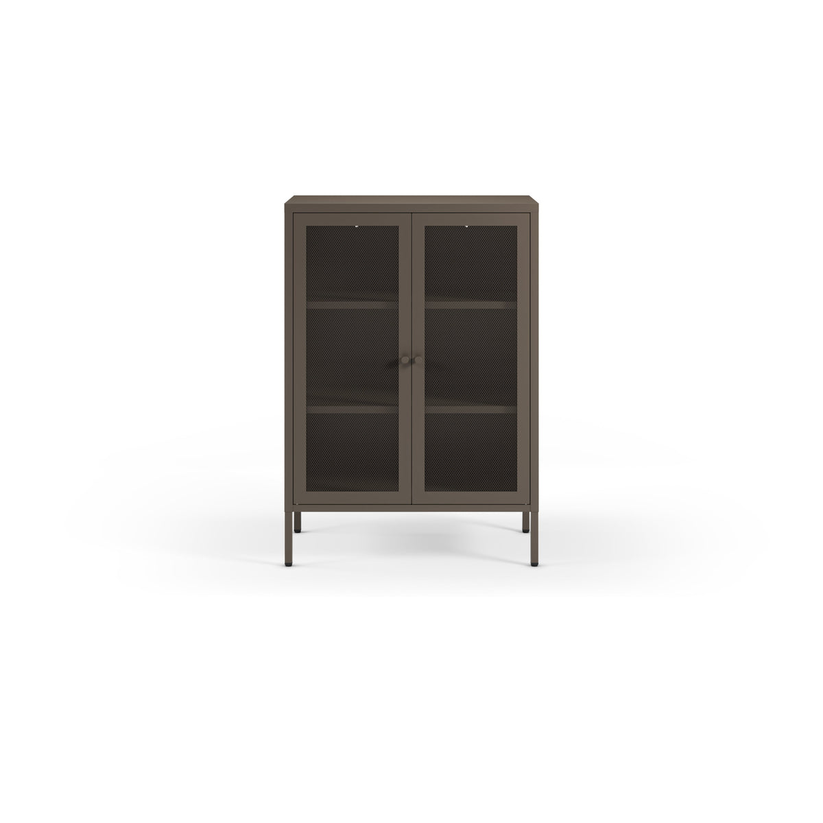 A tall, narrow storage cabinet with two glass doors, dark shelves, and slim legs, shown against a plain white background.