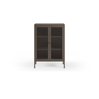A tall, narrow storage cabinet with two glass doors, dark shelves, and slim legs, shown against a plain white background.