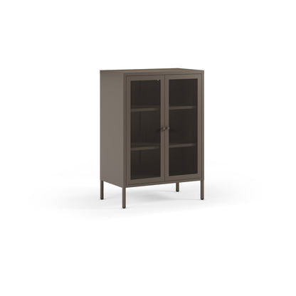 A tall brown storage cabinet with two glass doors, three interior shelves, and slim legs, shown on a plain white background.