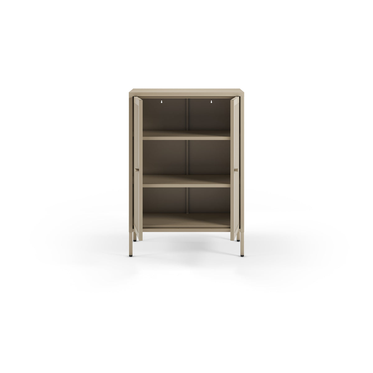 A modern three-shelf storage cabinet with a light beige frame and doors, shown open against a solid white background.