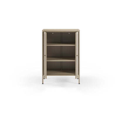 A modern three-shelf storage cabinet with a light beige frame and doors, shown open against a solid white background.