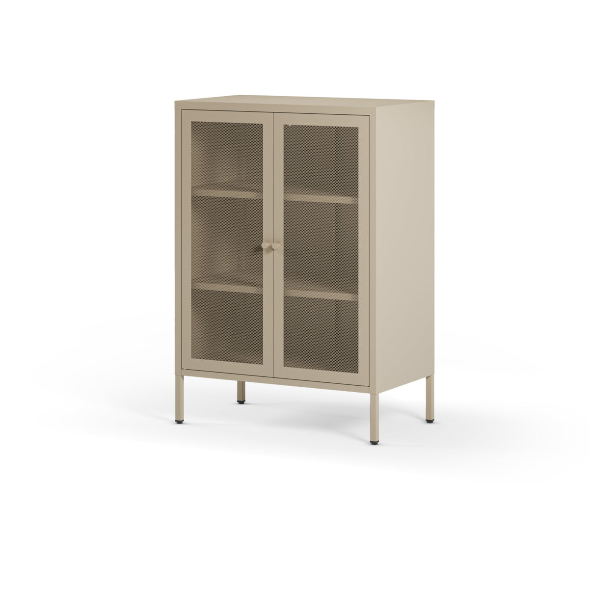 A modern two-door glass cabinet with a light beige frame and legs, featuring three interior shelves and small round knobs, shown on a plain white background.
