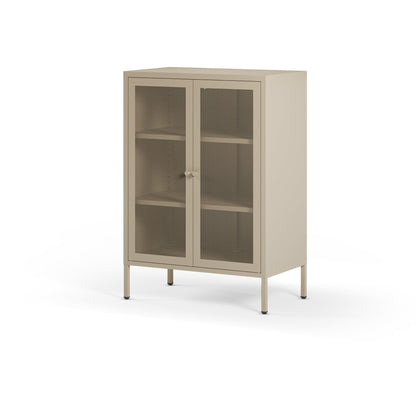 A modern two-door glass cabinet with a light beige frame and legs, featuring three interior shelves and small round knobs, shown on a plain white background.