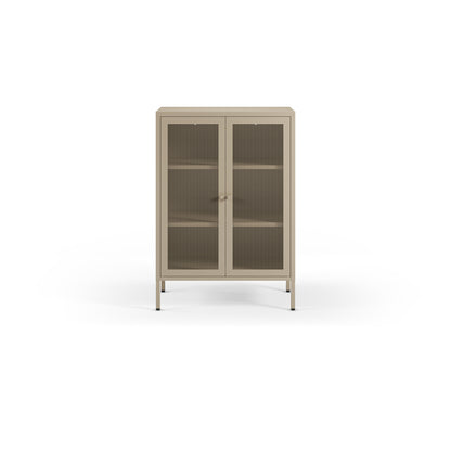 A tall, narrow storage cabinet with two glass doors, two interior shelves, and slim metal legs, shown against a plain white background.