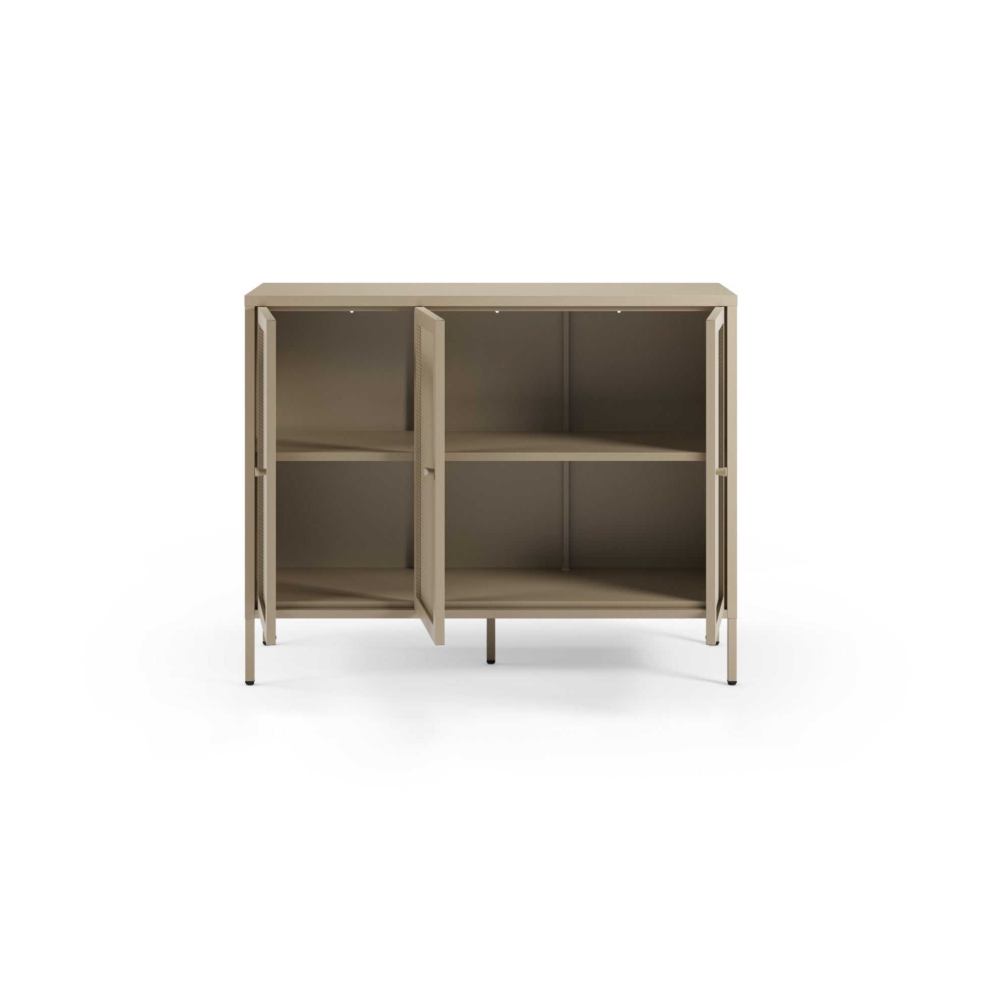 A modern two-door sideboard cabinet with open doors, featuring two interior shelves and a minimalist metal frame, shown on a solid white background.