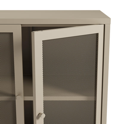Close-up of a metal storage cabinet with two mesh-front doors in a warm taupe-beige finish, one door slightly open to reveal an interior shelf.