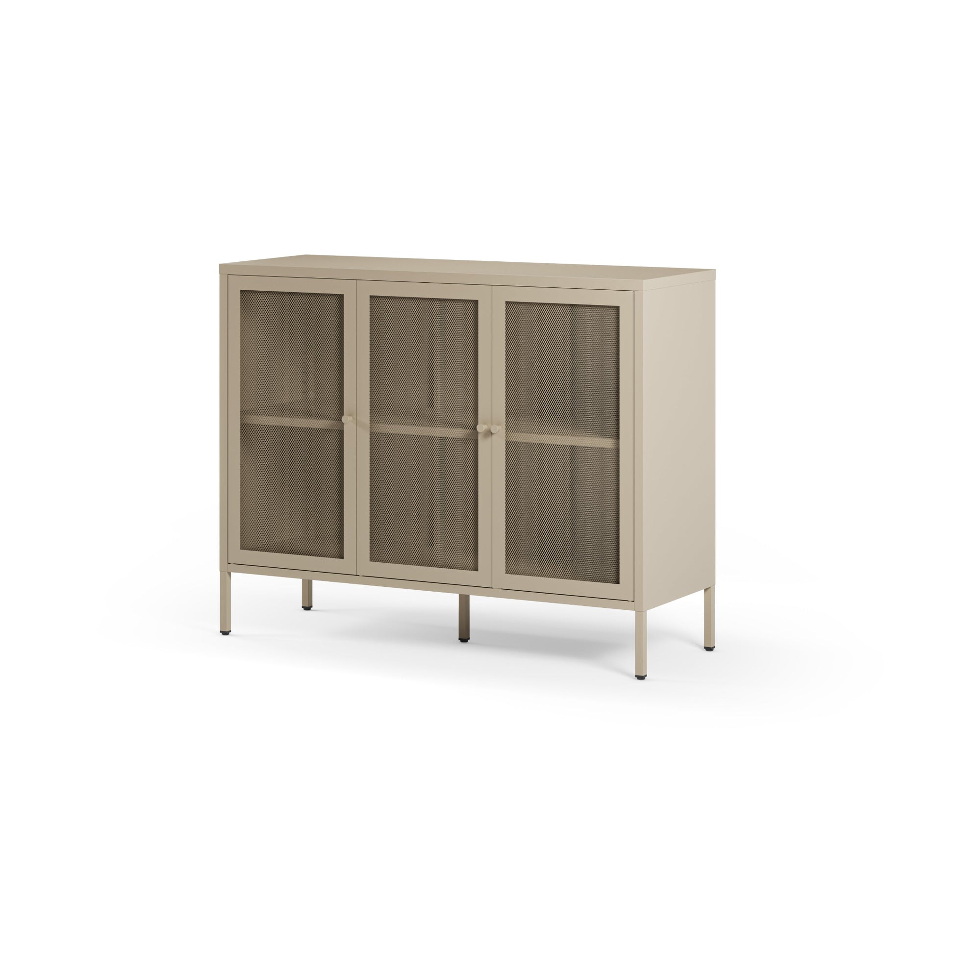 A modern three-door sideboard cabinet with frosted glass doors, open shelves, and slim metal legs, shown on a plain white background.
