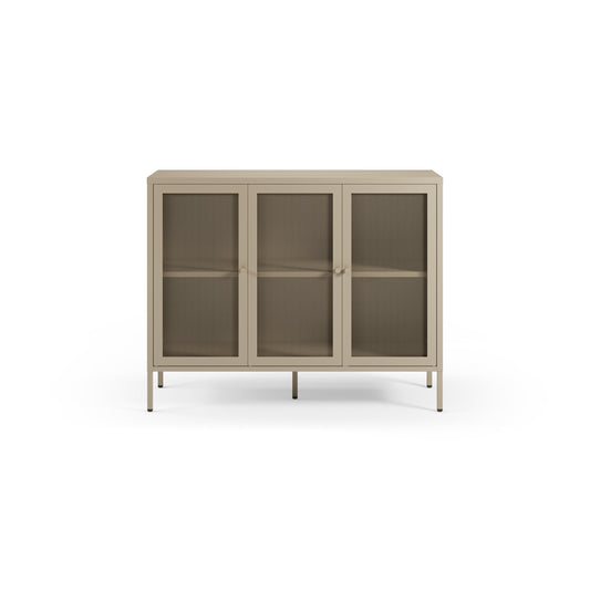 A modern three-door cabinet with a light beige wood frame and dark brown textured glass doors, shown against a plain white background.