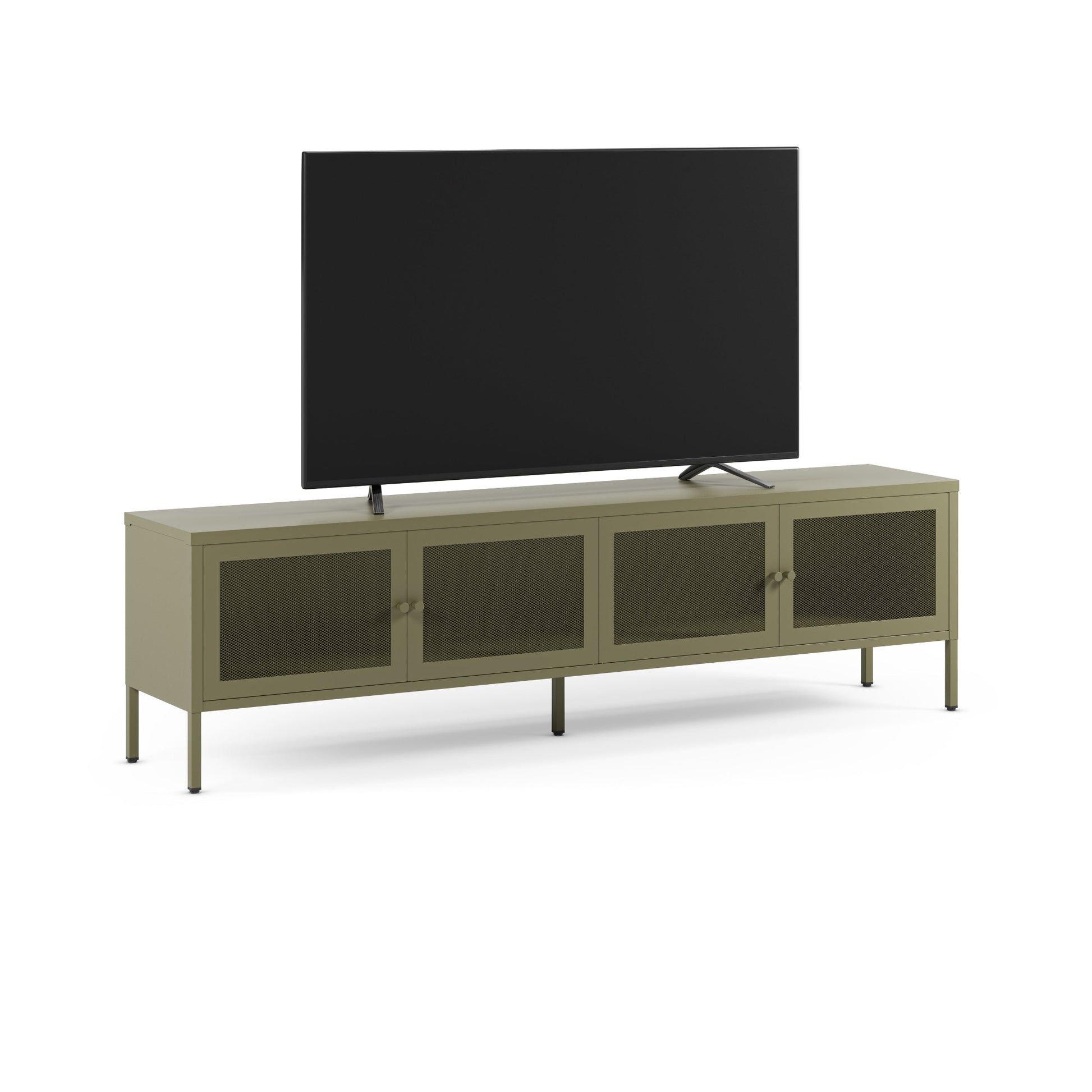 A modern TV stand with a sage green frame and dark glass doors, holding a black flat-screen television, shown against a plain white background.