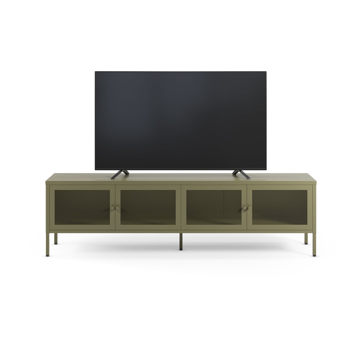 An olive green TV stand with three cabinet doors and glass-front lower sections, shown holding a large black flat-screen television against a plain white background.