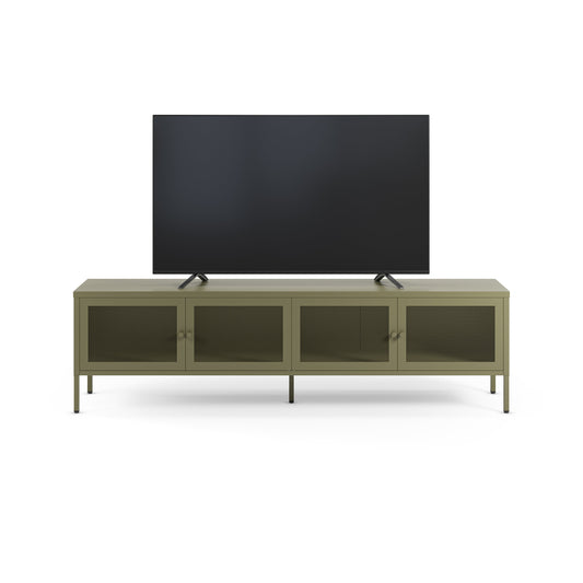 An olive green TV stand with three cabinet doors and glass-front lower sections, shown holding a large black flat-screen television against a plain white background.