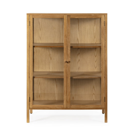 Wooden cabinet with glass doors on a white background