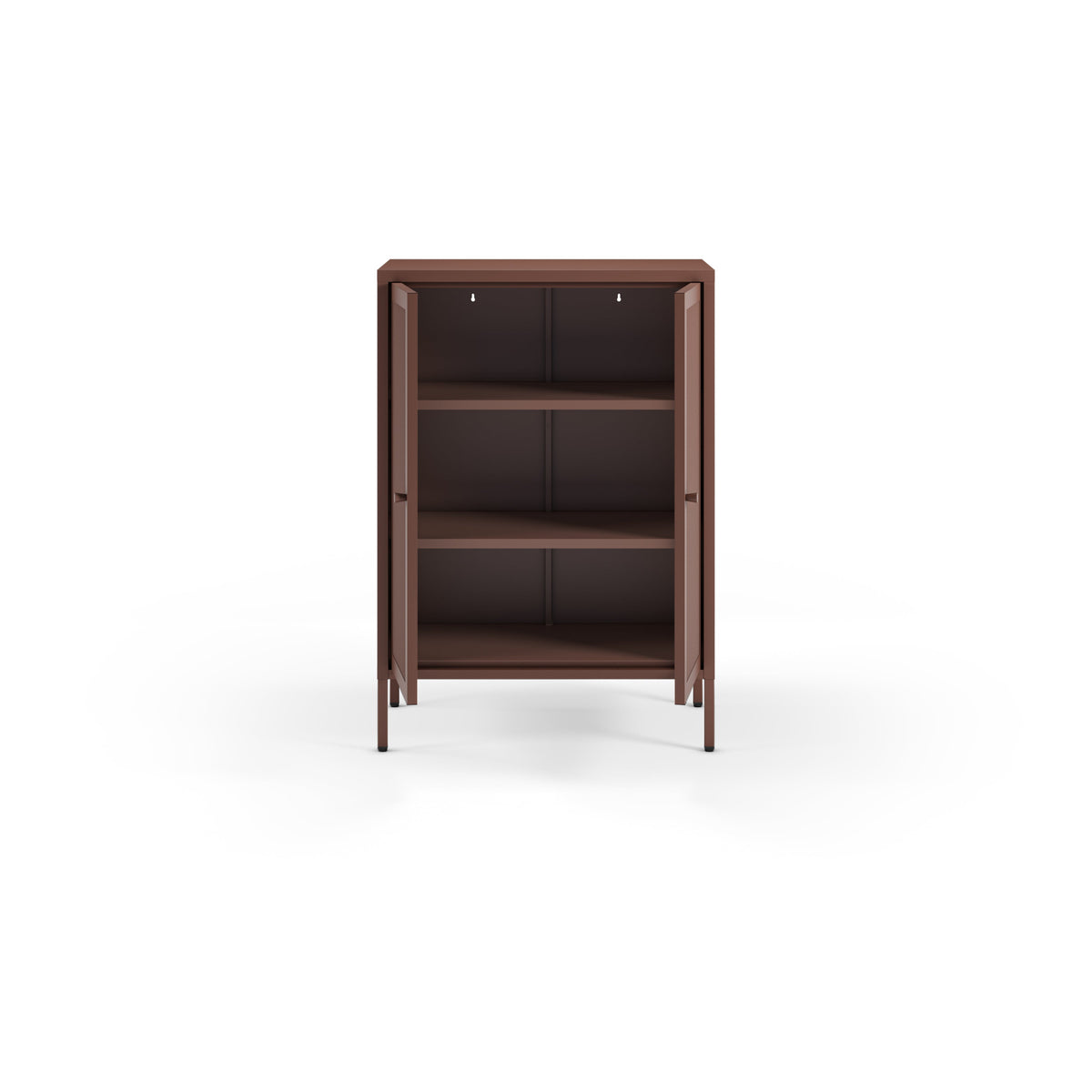 A tall brown wooden cabinet with two open doors and three interior shelves, shown against a plain white background.
