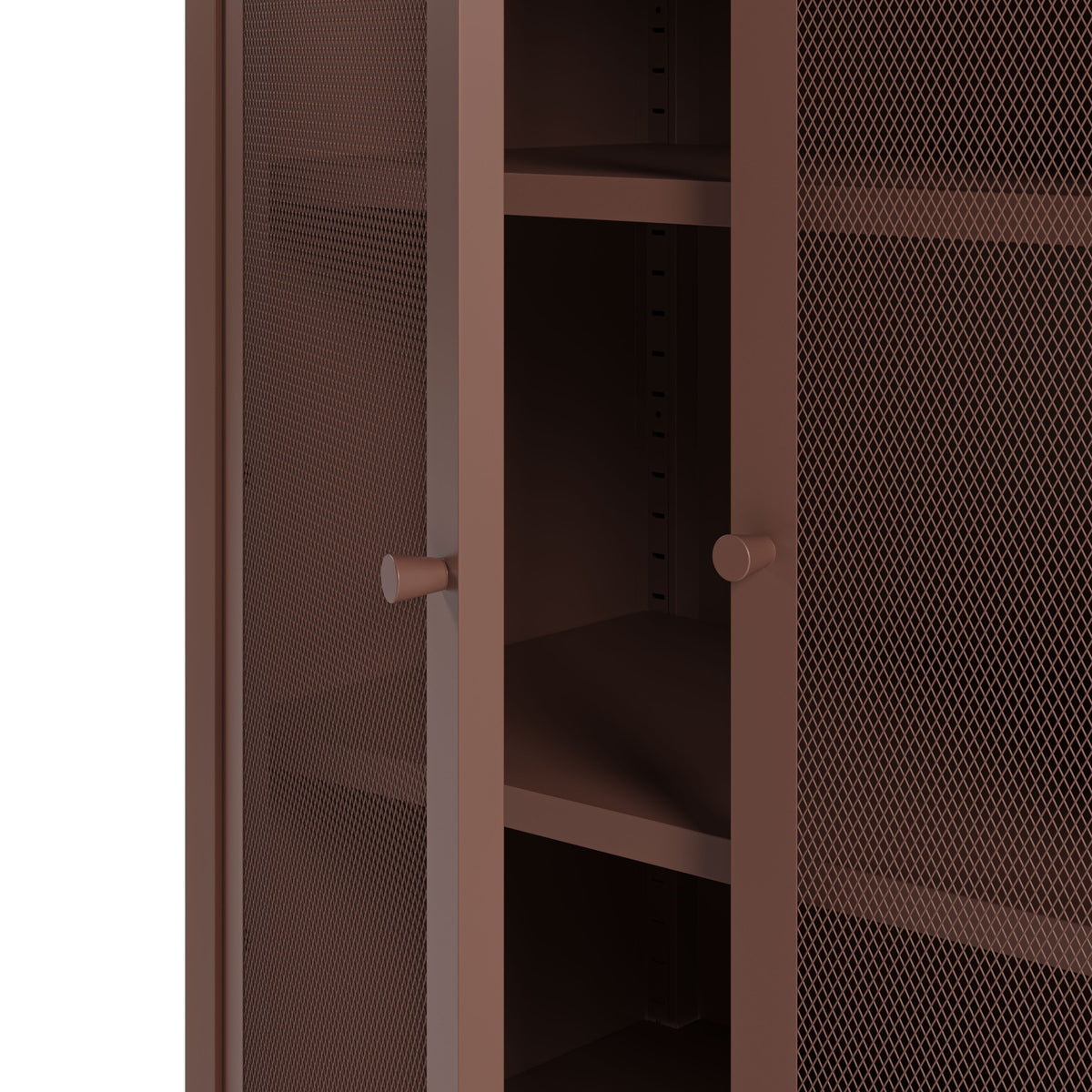Close-up of a tall storage cabinet with perforated mesh doors in a warm brown finish, showing shelves inside and small round knobs.
