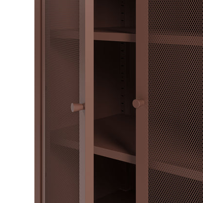Close-up of a tall storage cabinet with perforated mesh doors in a warm brown finish, showing shelves inside and small round knobs.