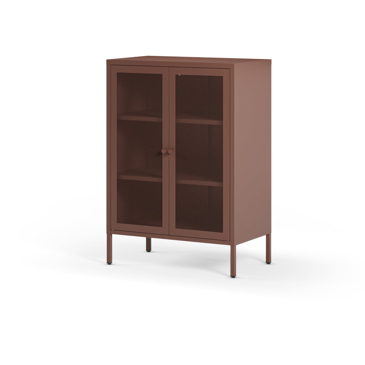 A brown wooden cabinet with two glass doors, three interior shelves, and slim legs, shown on a plain white background.