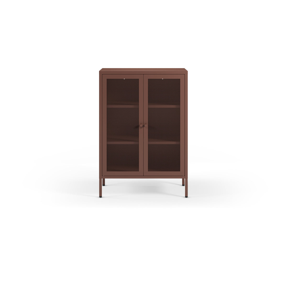 A tall brown wooden cabinet with two glass doors, three interior shelves, and small legs, shown against a plain white background.