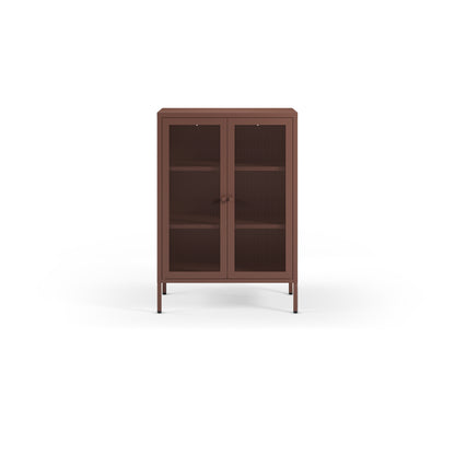 A tall brown wooden cabinet with two glass doors, three interior shelves, and small legs, shown against a plain white background.