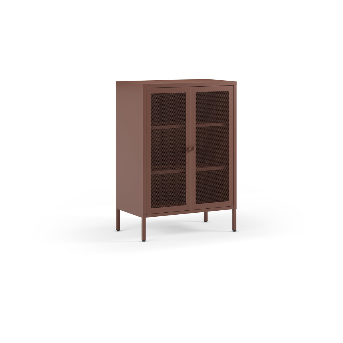 A tall brown storage cabinet with two glass doors, three interior shelves, and slim legs, shown on a plain white background.