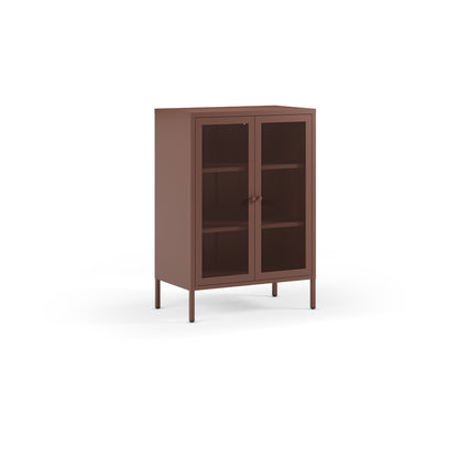 A tall brown storage cabinet with two glass doors, three interior shelves, and slim legs, shown on a plain white background.
