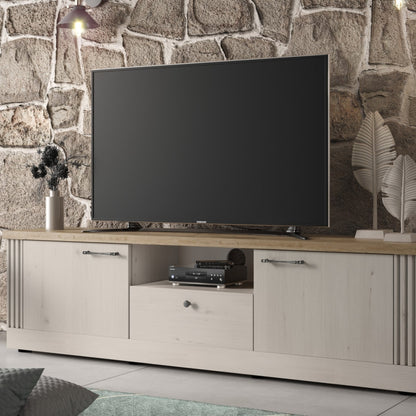 Capri TV Stand, Two Door, One Drawer - Ivory & Natural Oak Finish