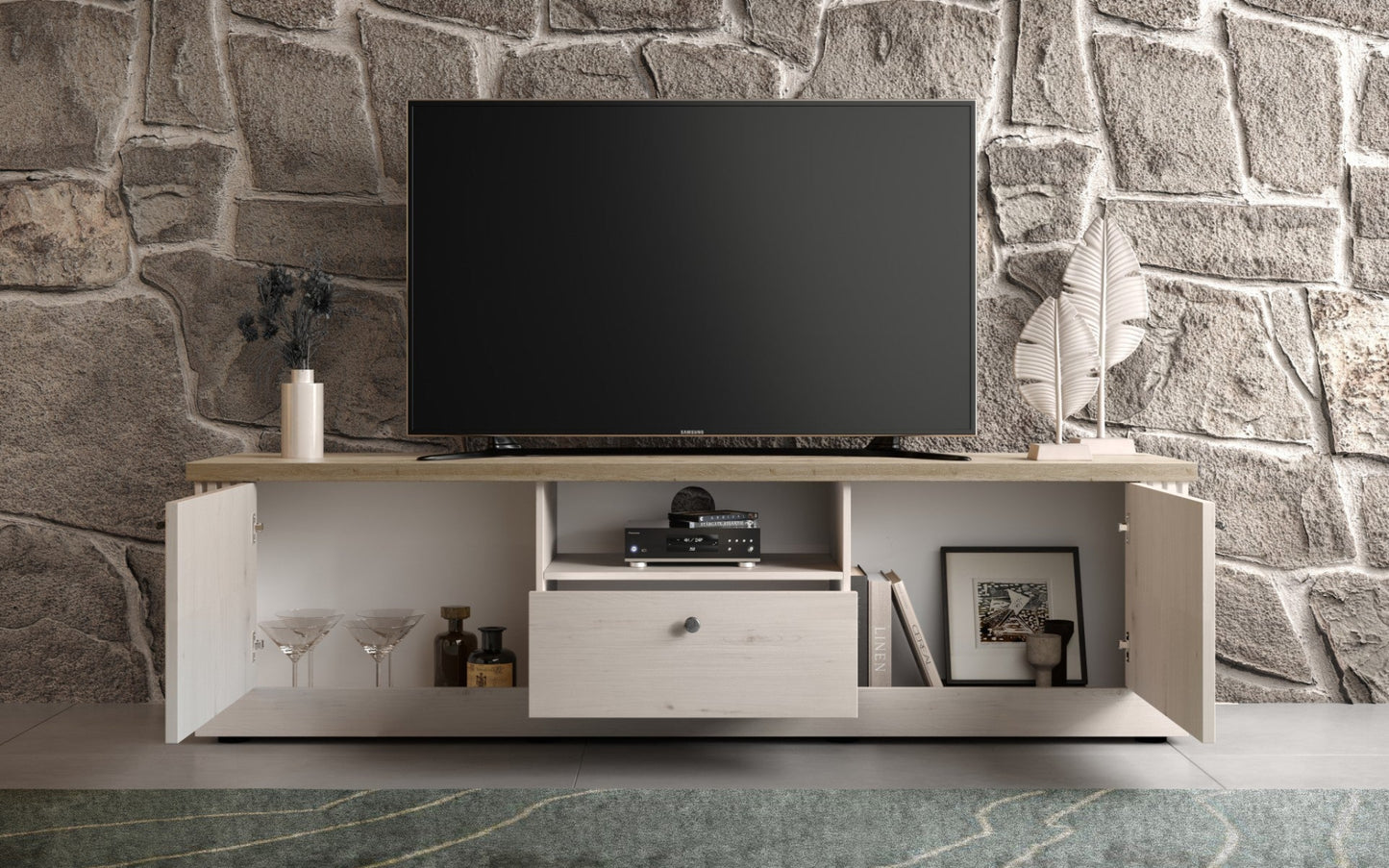 Capri TV Stand, Two Door, One Drawer - Ivory & Natural Oak Finish