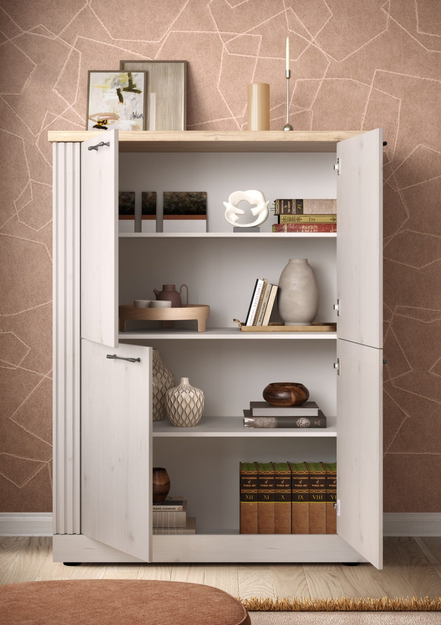 Capri Four Door High Sideboard - Ivory & Natural Oak Finish