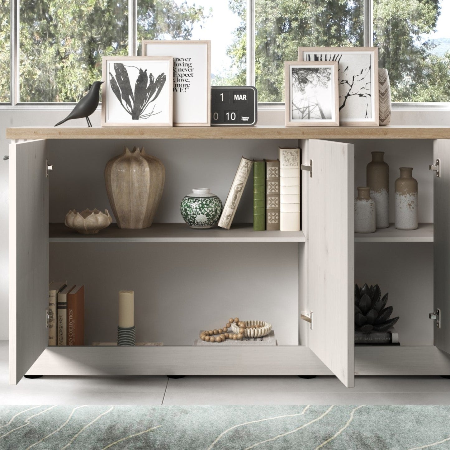 Capri Three Door Sideboard - Ivory & Natural Oak Finish