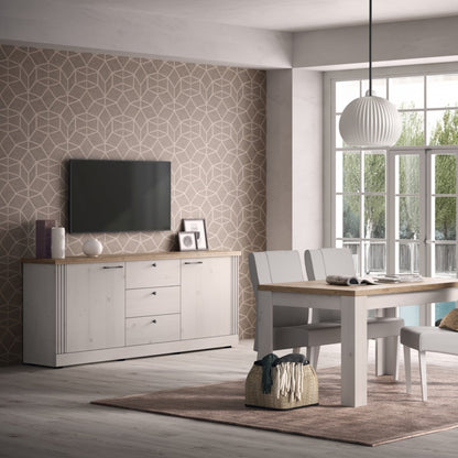 Capri Sideboard, Two Door, Three Drawer Sideboard - Ivory & Natural Oak Finish