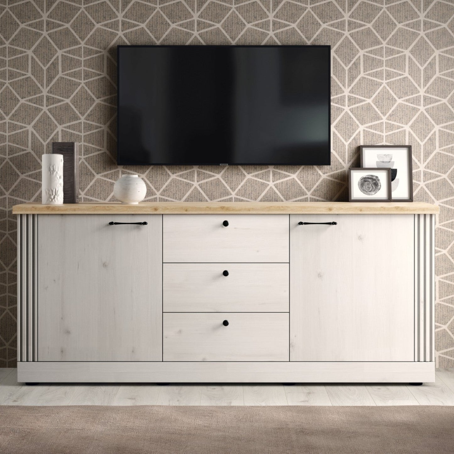 Capri Sideboard, Two Door, Three Drawer Sideboard - Ivory & Natural Oak Finish
