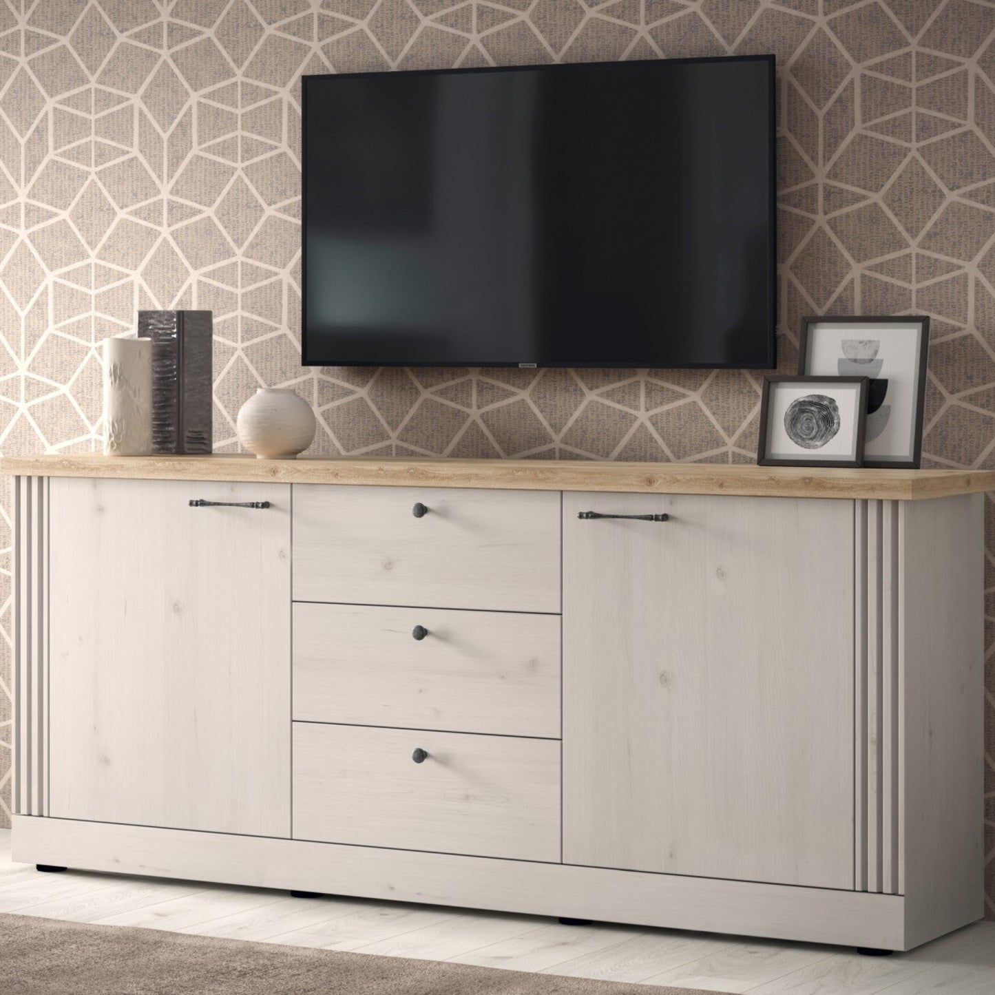 Capri Sideboard, Two Door, Three Drawer Sideboard - Ivory & Natural Oak Finish