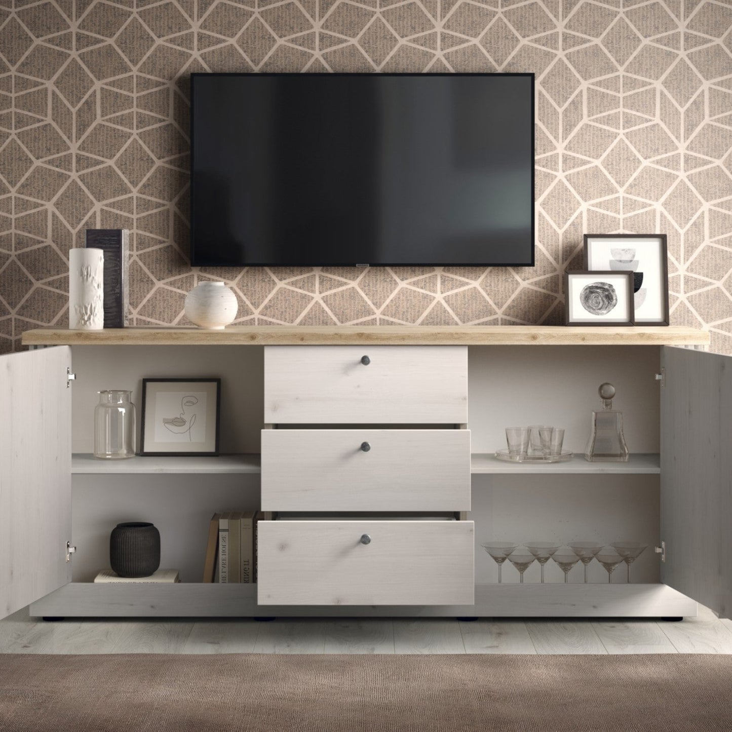 Capri Sideboard, Two Door, Three Drawer Sideboard - Ivory & Natural Oak Finish