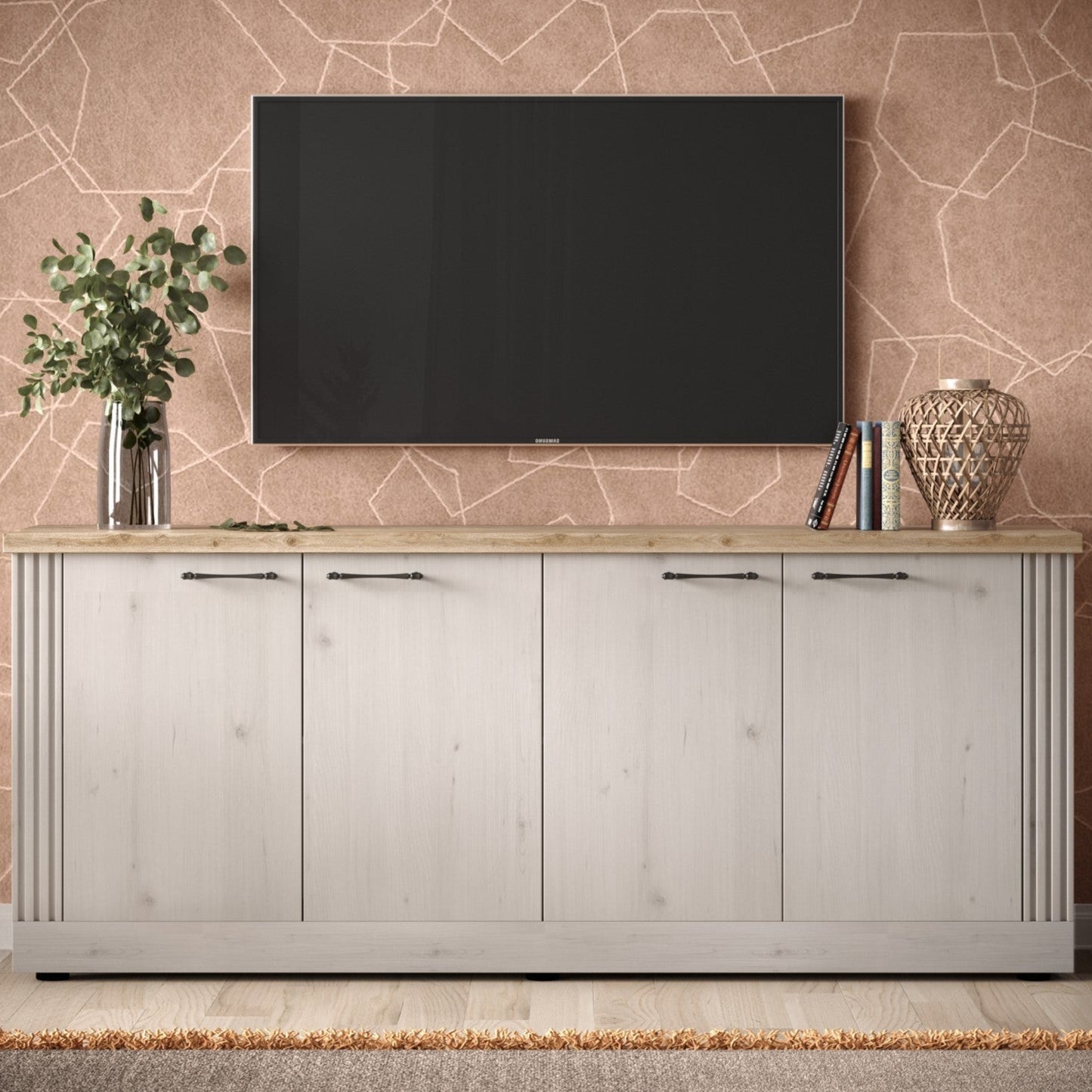 Capri Four  Door Sideboard - Ivory & Natural Oak Finish