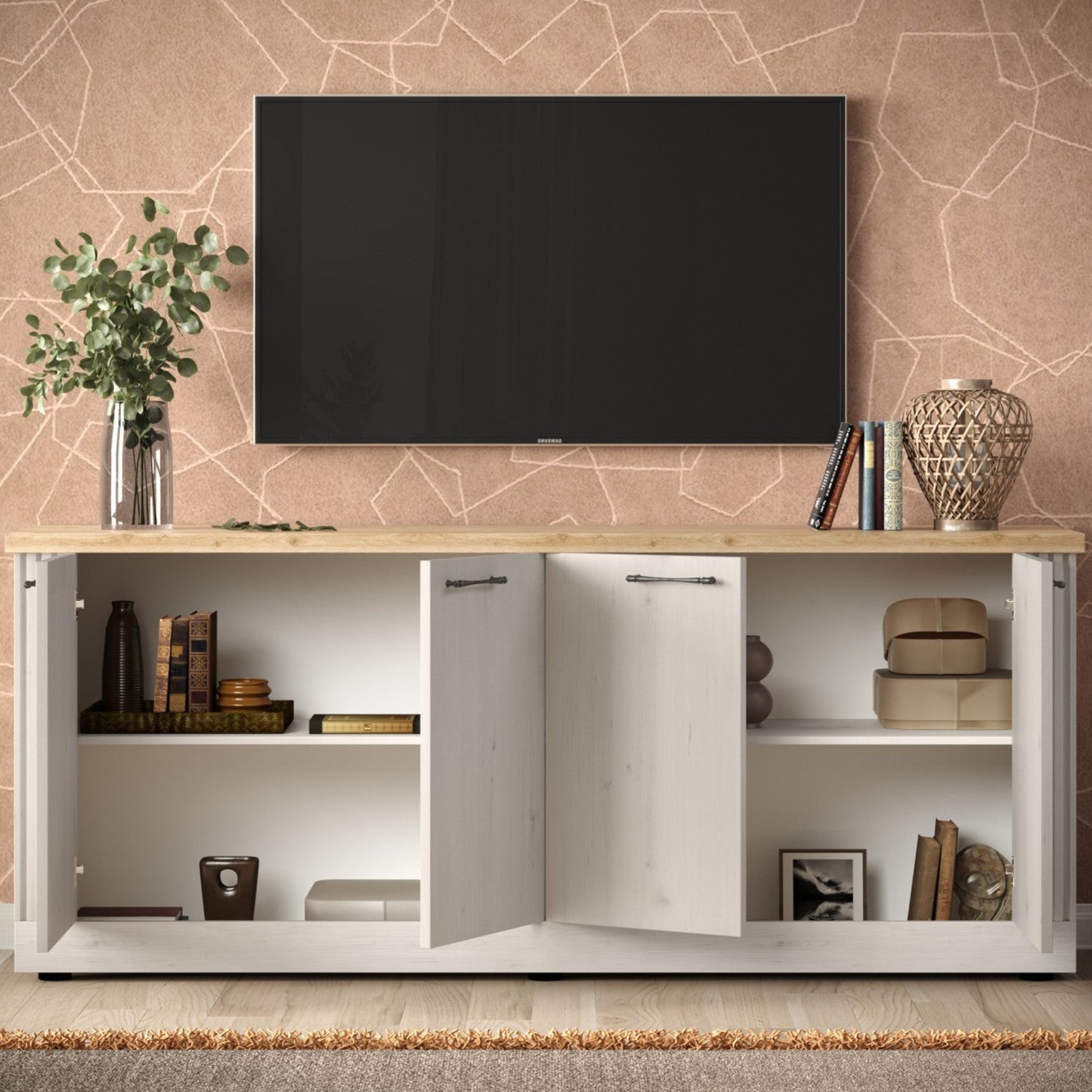 Capri Four  Door Sideboard - Ivory & Natural Oak Finish