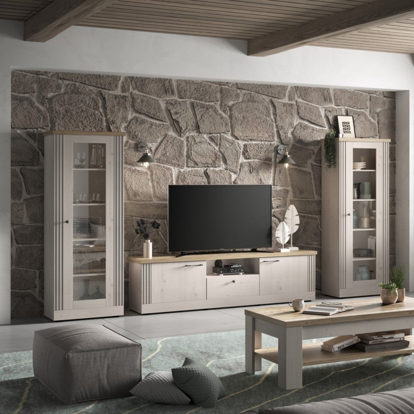 Capri TV Stand, Two Door, One Drawer - Ivory & Natural Oak Finish