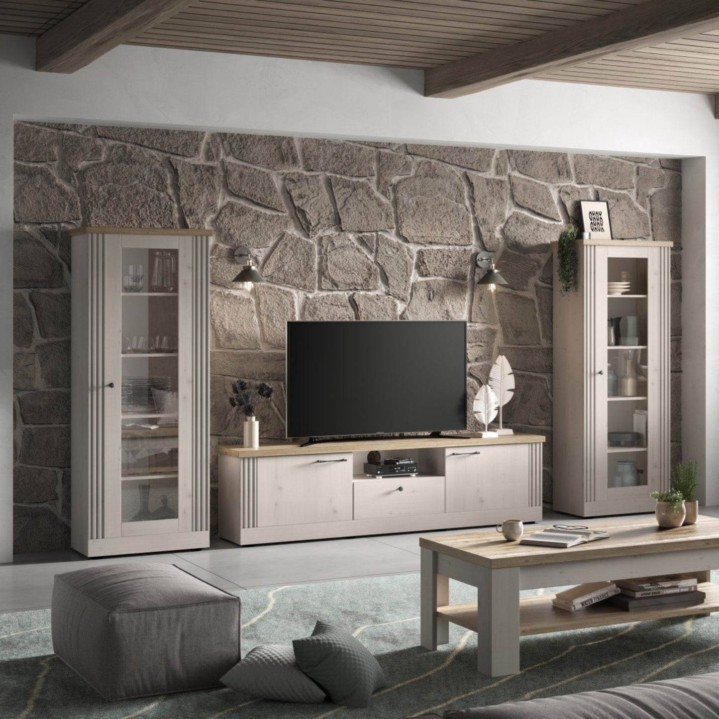 Capri One Door Glass Display Vitrine - Ivory & Natural Oak Finish