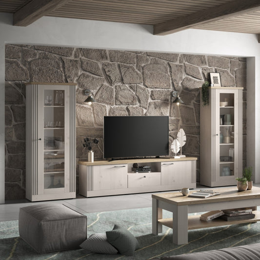 Capri One Door Glass Display Vitrine - Ivory & Natural Oak Finish