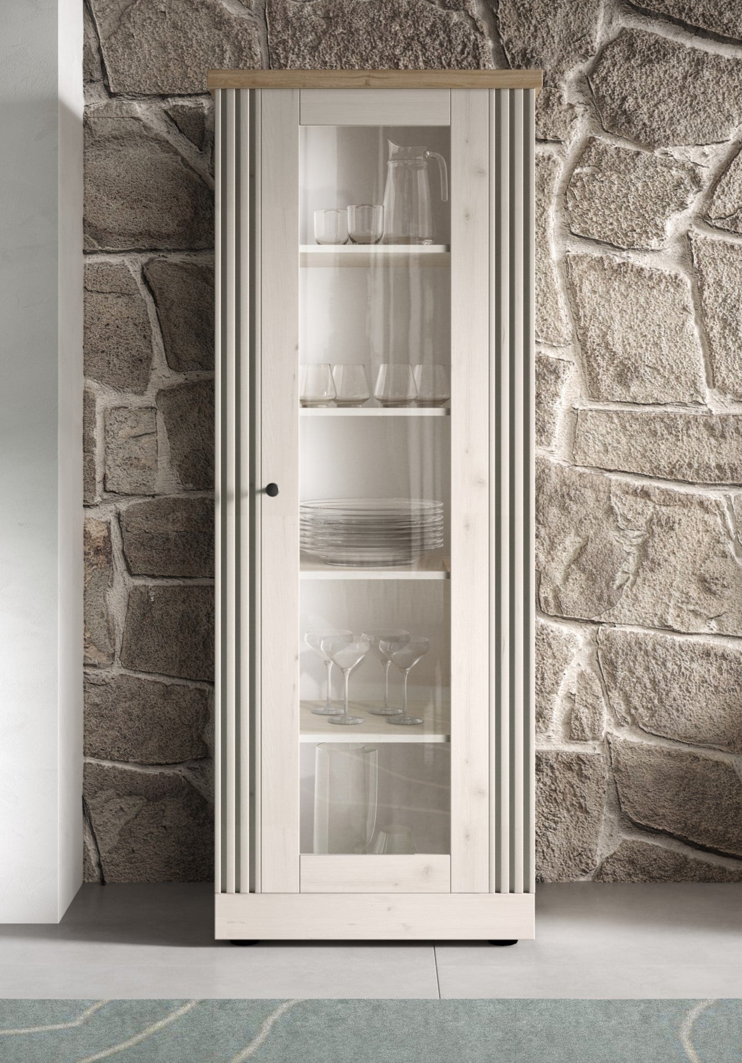 Capri One Door Glass Display Vitrine - Ivory & Natural Oak Finish