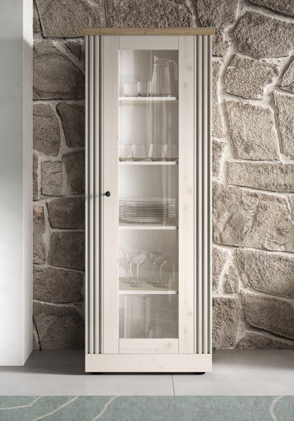Capri One Door Glass Display Vitrine - Ivory & Natural Oak Finish