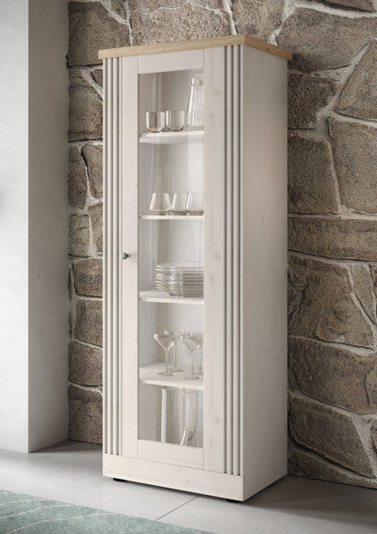 Capri One Door Glass Display Vitrine - Ivory & Natural Oak Finish