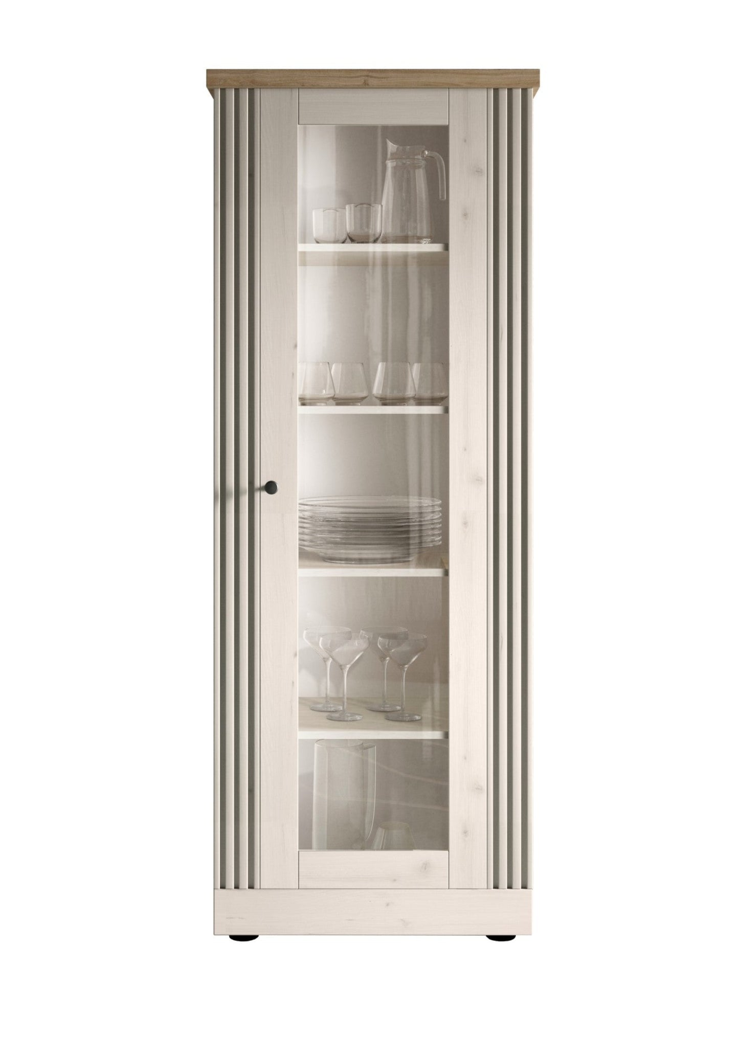 Capri One Door Glass Display Vitrine - Ivory & Natural Oak Finish