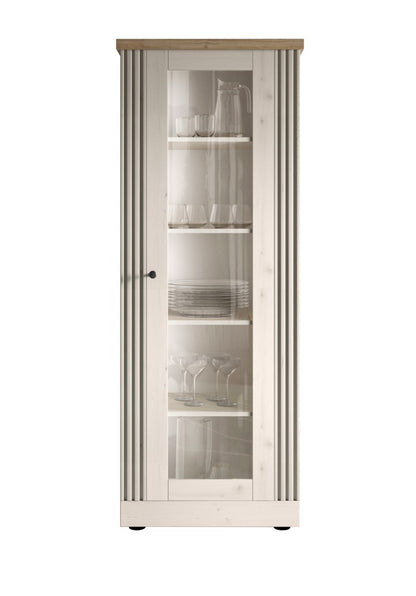 Capri One Door Glass Display Vitrine - Ivory & Natural Oak Finish
