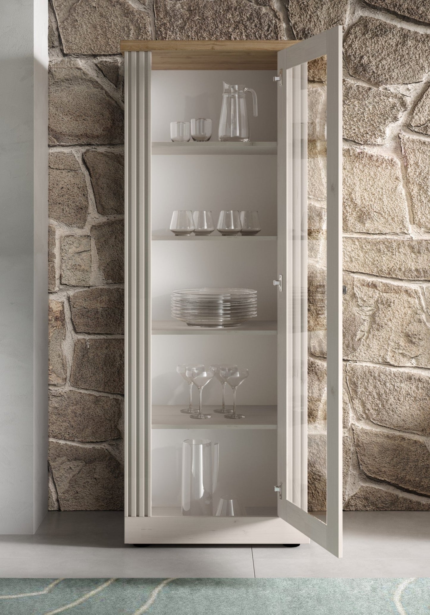 Capri One Door Glass Display Vitrine - Ivory & Natural Oak Finish