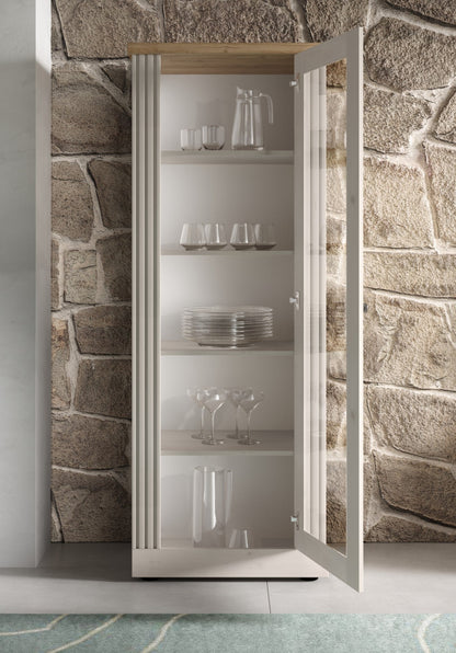 Capri One Door Glass Display Vitrine - Ivory & Natural Oak Finish