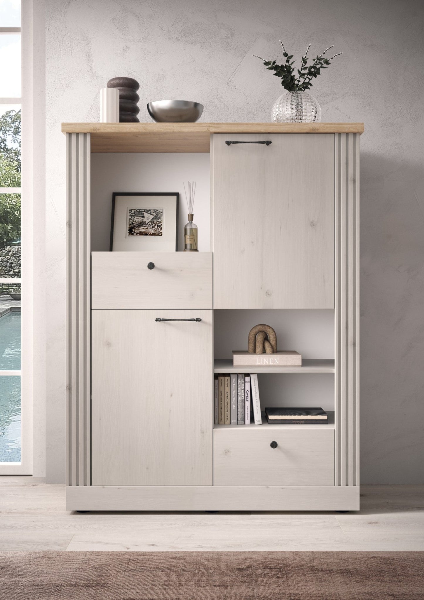 Capri Bookcase & Storage - Ivory & Natural Oak Finish