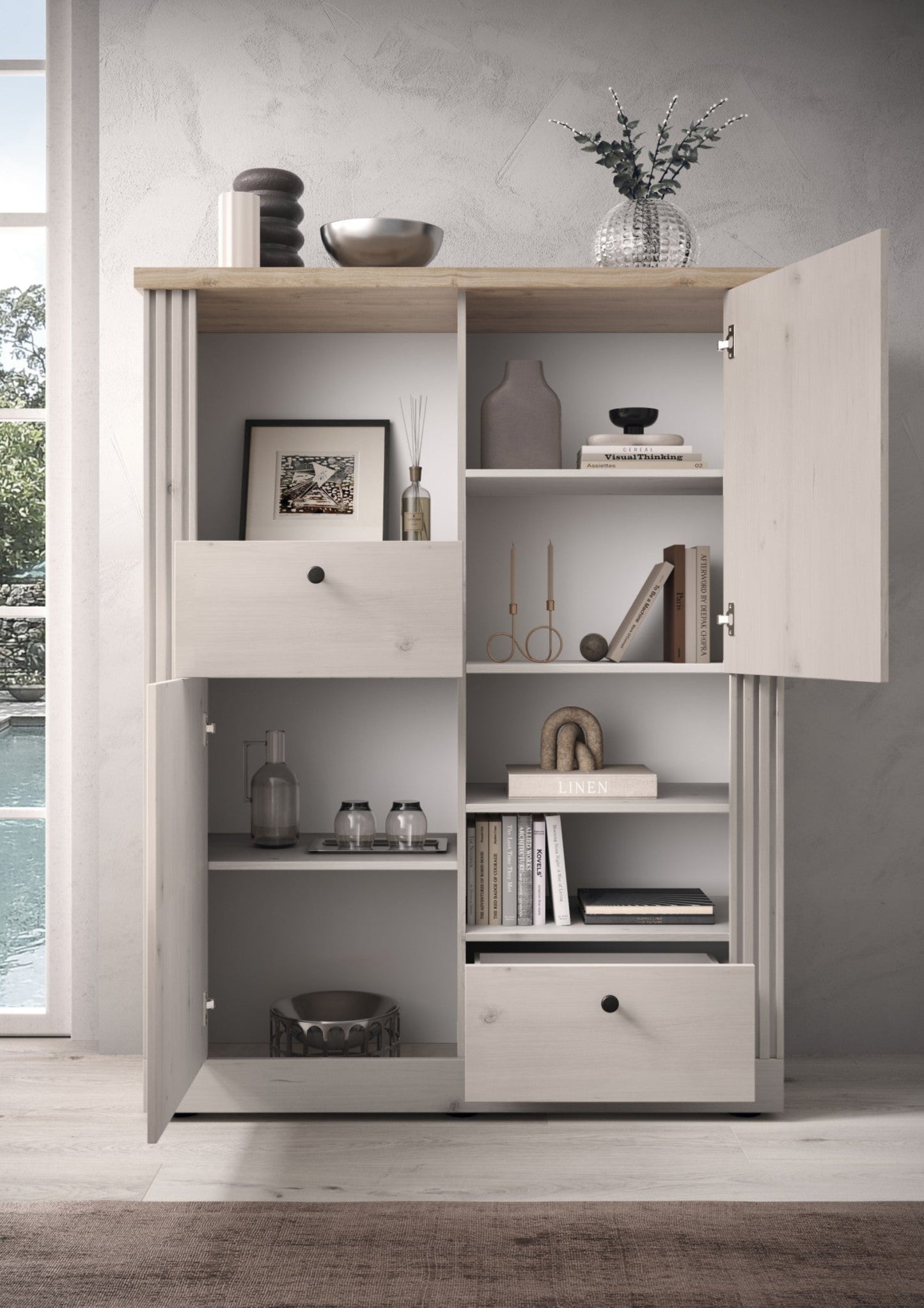 Capri Bookcase & Storage - Ivory & Natural Oak Finish