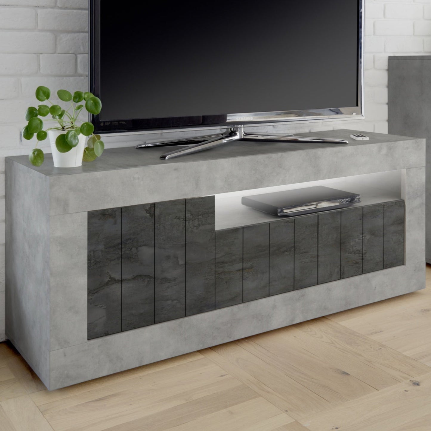 Como TV Stand, Three Doors, AV Storage - Grey and Anthracite Finish